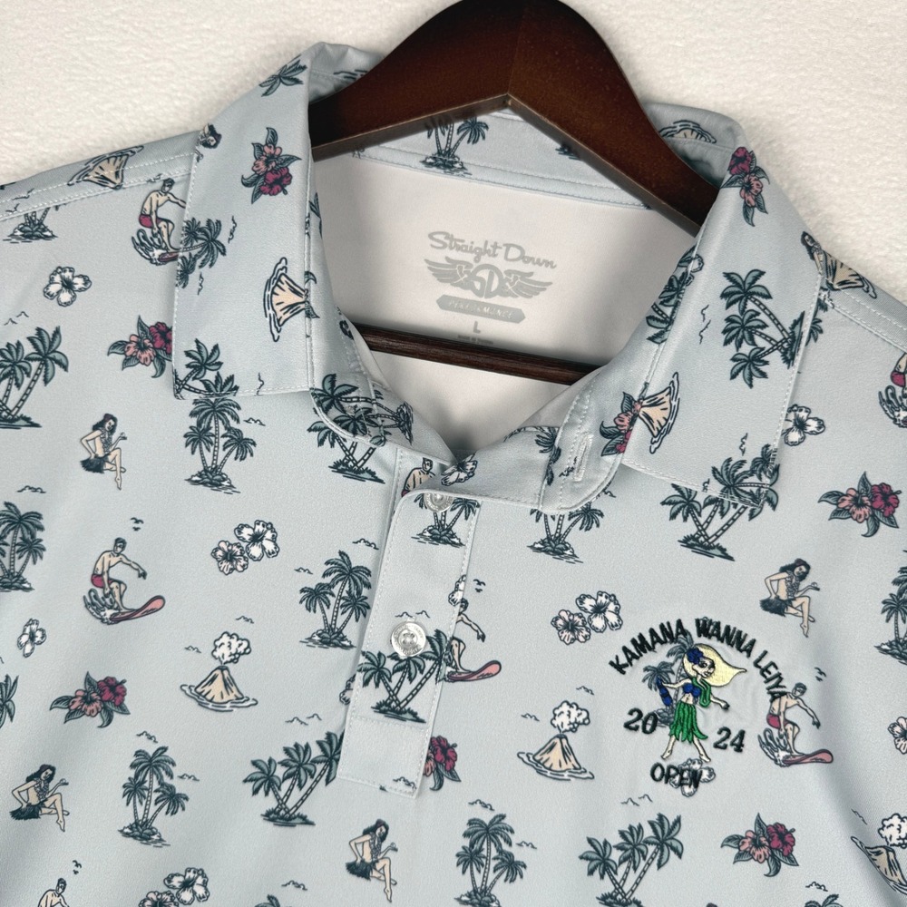 Straight Down Polo Shirt Mens L Kamana Wanna Leiya 2024 Open Golf Palm Tree AOP